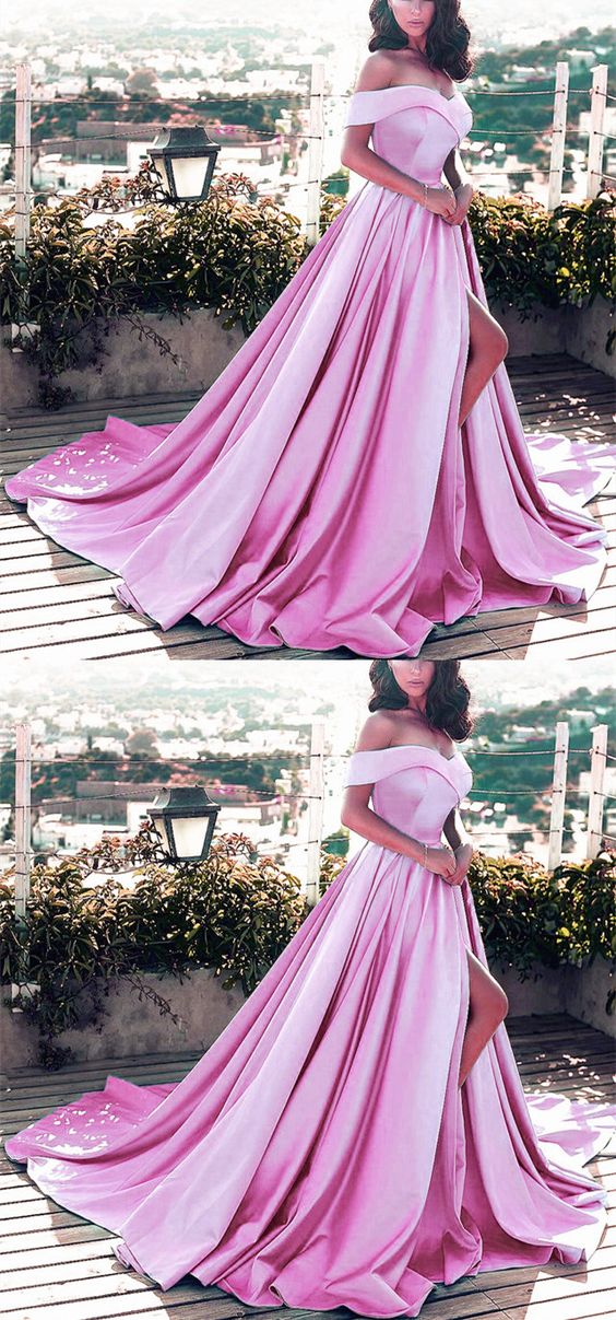 Mauve Pink Prom Dresses Satin Off The Shoulder Evening Gowns    cg21701