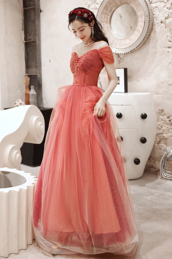 Charming Watermelon Sweetheart Beaded Tulle Princess Gown Prom Dress     cg21738