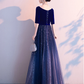 Navy Blue Velvet Short Sleeves With Shiny Tulle Long Party prom Dress, Blue Bridesmaid Dress Prom Dress    cg21789