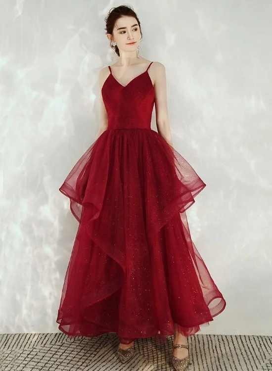 Dark Red Straps V-Neckline Layers Long Formal Dress, Burgundy Low Back Tulle Prom Dress   cg21797