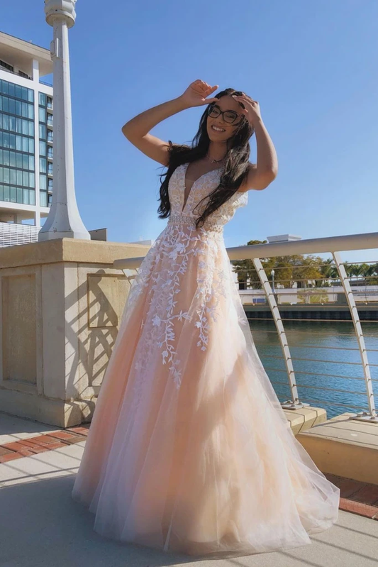 PINK V NECK TULLE LACE LONG PROM DRESS PINK TULLE. FORMAL DRESS    cg21800