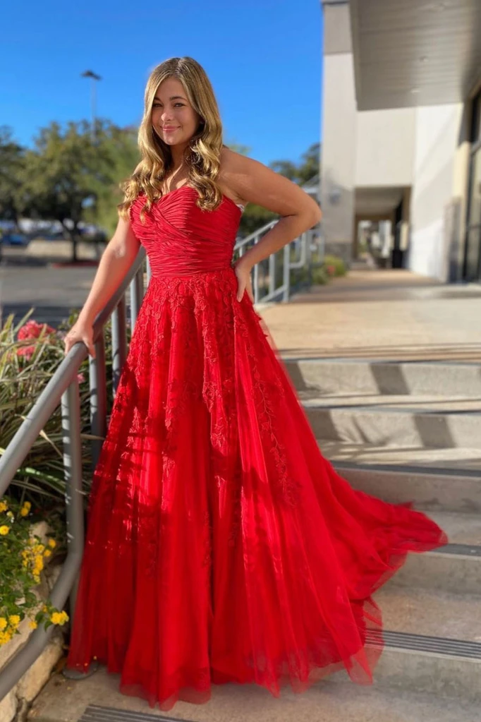 RED SWEETHEART NECK TULLE LACE LONG PROM DRESS RED FORMAL DRESS   cg21804