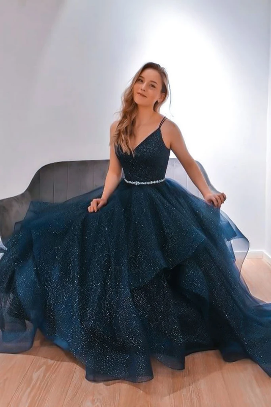 DARK BLUE V NECK TULLE SEQUIN LONG PROM DRESS BLUE FORMAL DRESS    cg21805