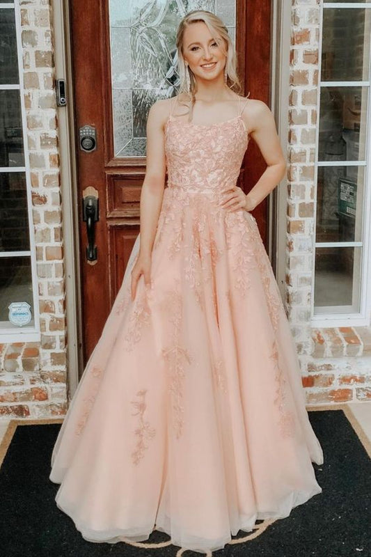 A-line Straps Long Blush Lace Prom Dress with Lace-Up Back    cg21819