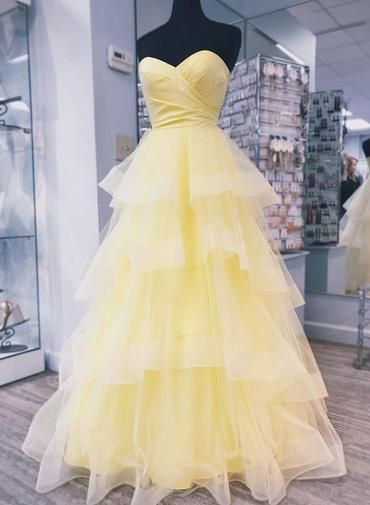Sweethart Neck Floor Length Yellow Puffy Prom Dresses, Yellow Floor Length Puffy Formal Graduation Evening Dresses cg2182