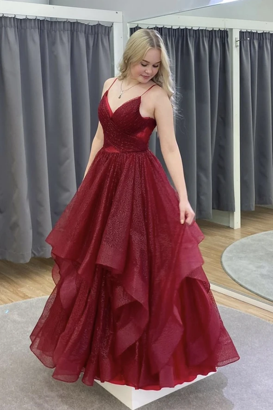 Burgundy tulle long A line prom dress evening dress   cg21824