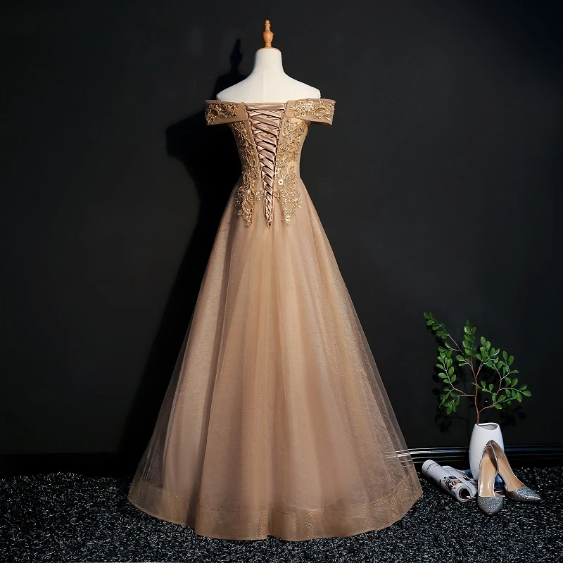 Champagne Tulle Off Shoulder Lace Applique Party Dress, A-Line Floor Length Long Evening prom Dress   cg21829