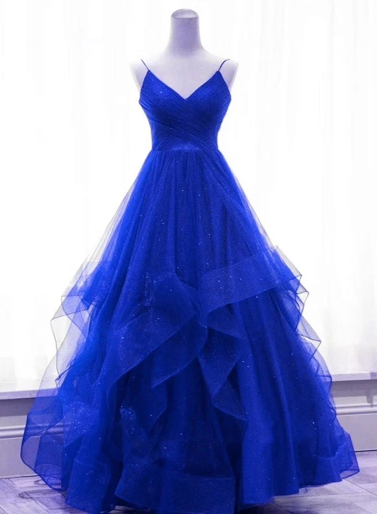 Royal Blue Shiny Tulle V-Neckline Straps Long Party Dress, A-Line Tulle Prom Dress Evening Dress   cg21830