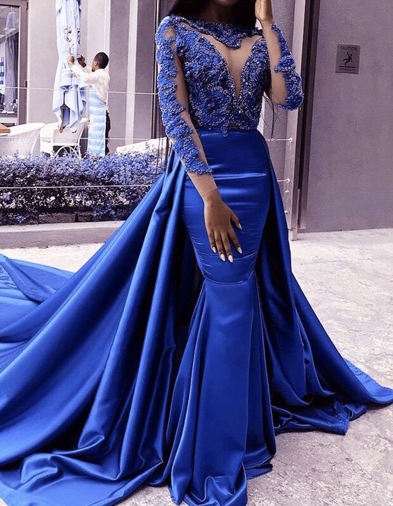 blue mermaid evening lace long sleeves satin prom gowns    cg21838