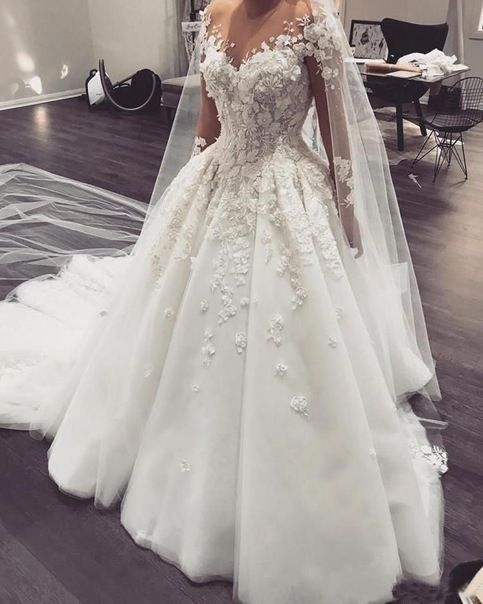 Sheer Neck Wedding Dresses Bridal Gown with Flowers prom Dress    cg21843