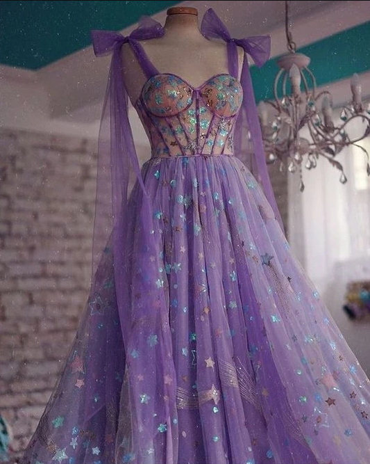 A-line purple tulle long prom dress,charming prom dress    cg21847