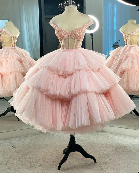 A-line Pink Tulle Short Dress Pink Tulle Homecoming Dress    cg21849