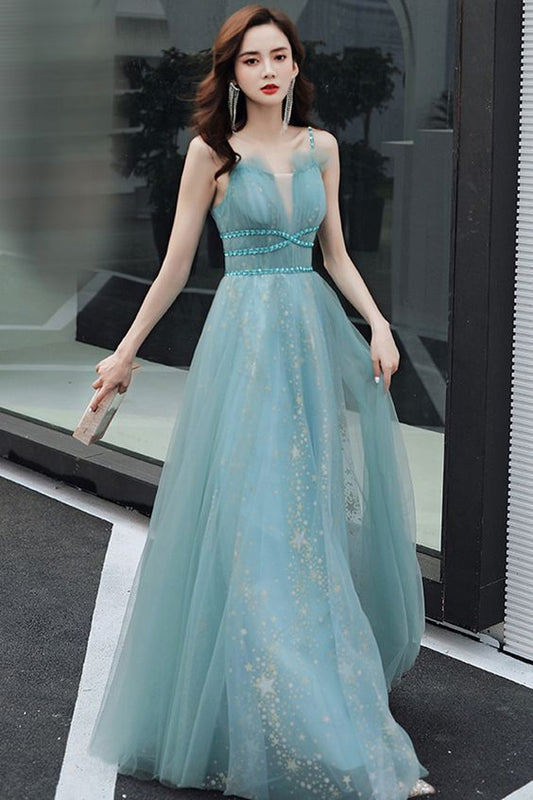 Blue Tulle Long A Line Prom Dress Evening Dress   cg21871