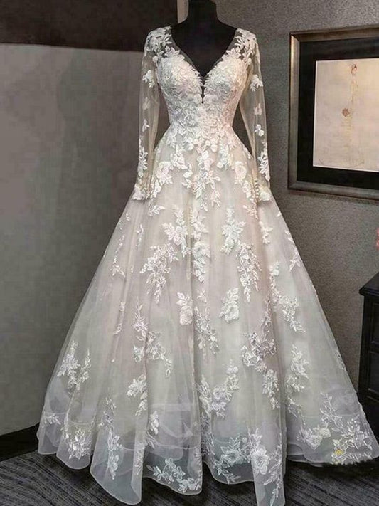 Long Sleeve V Neck A Line Wedding Dresses Backless Lace Appliques Bridal Gowns prom dress   cg21878