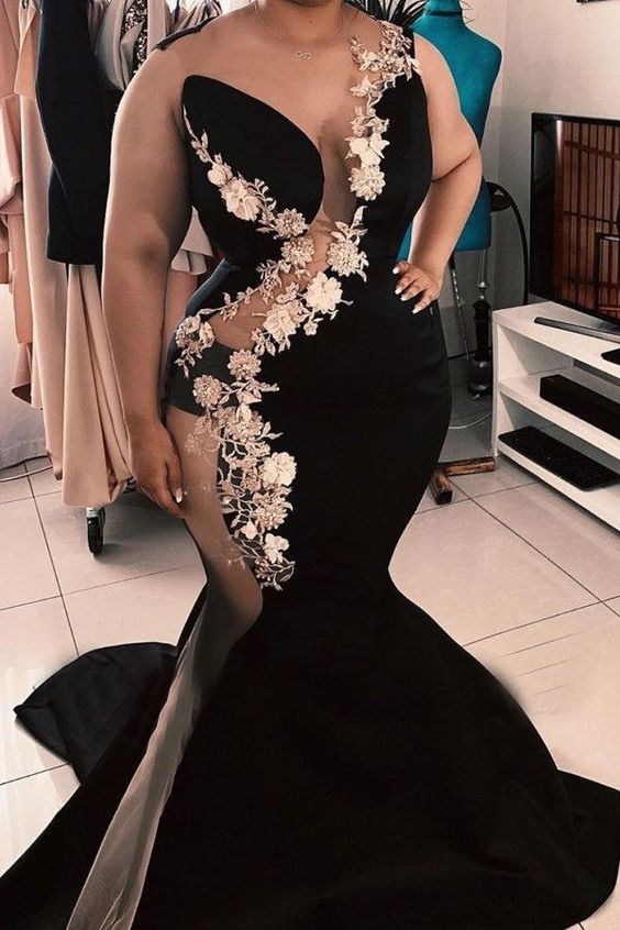 Mermaid Plus Size Black Prom Dresses with Appliques   cg21880