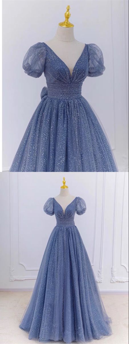 Dusty blue prom dresses sparkles princess ball gown with sleeves    cg21903