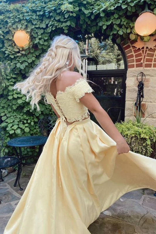 princess two piece yellow long prom dress with off the shoulder top    cg21906