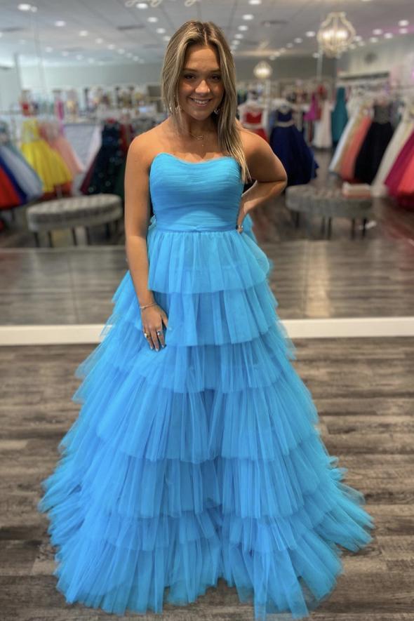 Blue tulle long A line prom dress blue evening dress    cg21913