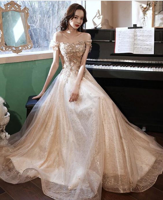 Beautiful Light Champagne Long Flowers Lace Party Dress, Tulle Shiny Prom Dress    cg21914