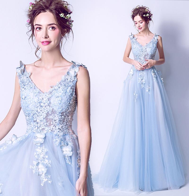 Light Blue Tulle Beaded Flowers V-Neckline Prom Dress, Long Blue Party Dress Evening Dress   cg21916