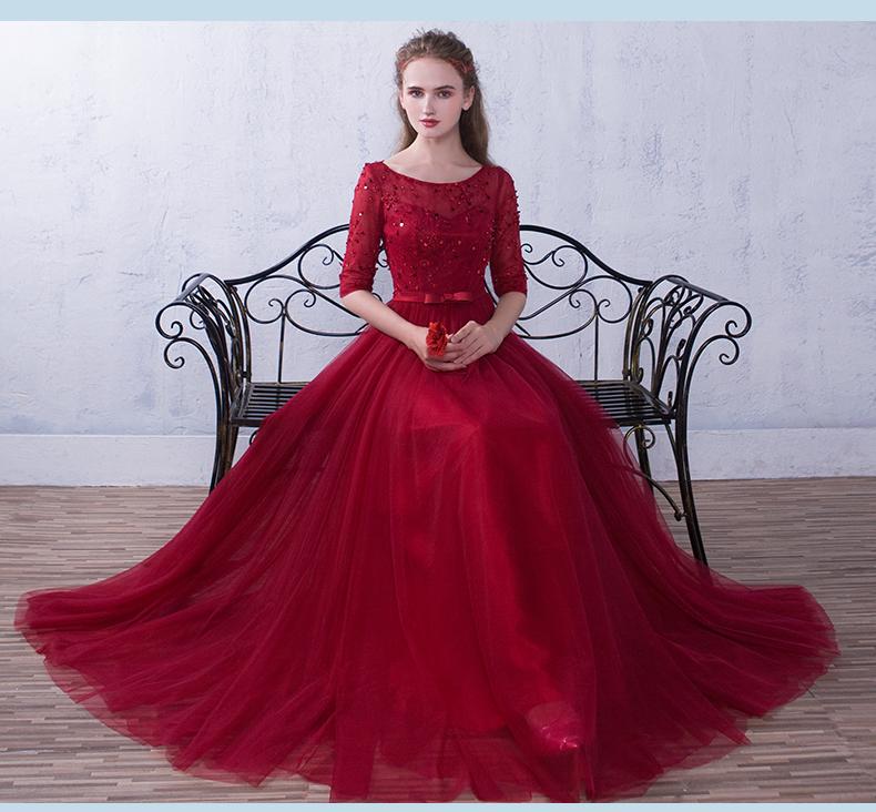 Wine Red Short Sleeves Beaded Tulle Wedding Party Dress, A-Line Tulle Long Prom Dress   cg21919