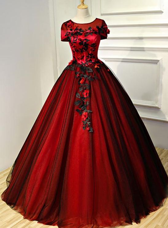 Red and Black Flowers Cap Sleeves Ball Gown Sweet 16 Dress, Princess Long Formal prom Dress   cg21924