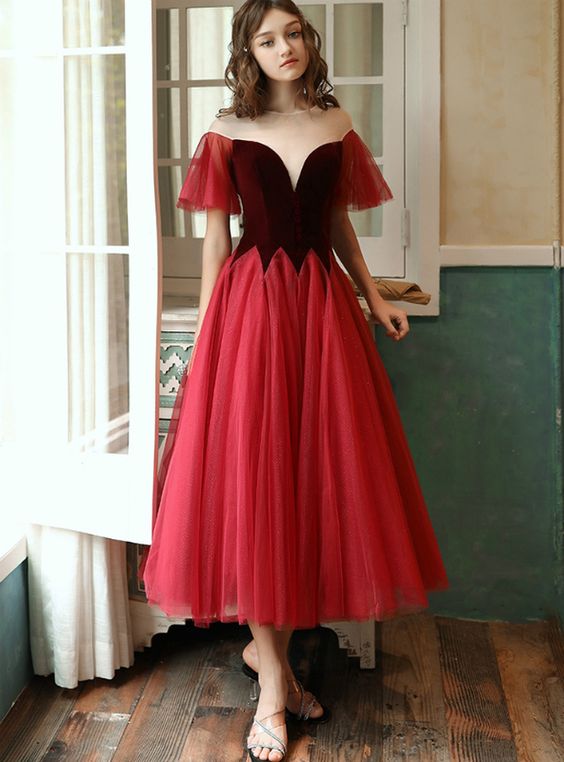 Burgundy Tulle Velvet See Through V-neck Tea Length Prom Dress   cg21927