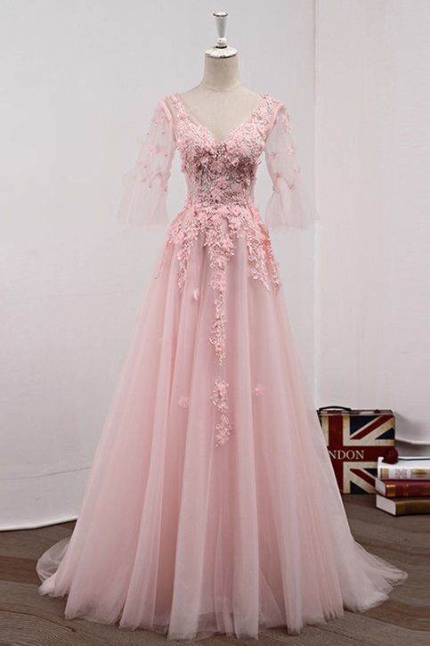 Pink tulle long sweet 16 prom dress cg2194