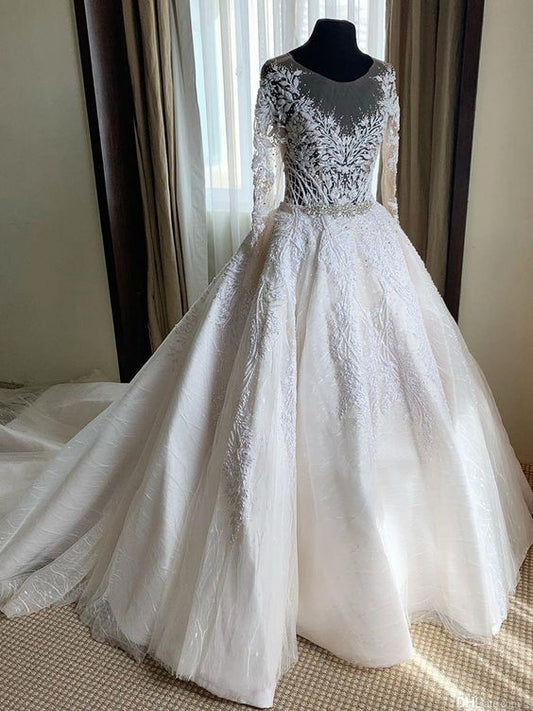 Lace Beaded Vintage Wedding Dresses Long Sleeves Sheer Neck Bridal Dresses Crystals Wedding Gowns Prom Dress    cg21942