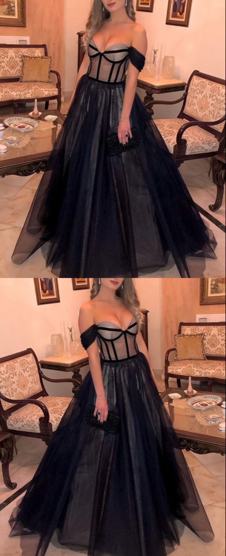 Black wedding guest dresses tulle sweetheart corset formal prom dress for women    cg21952