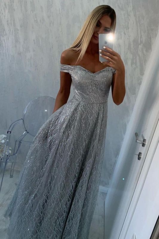 Women Silver Sequins Prom Dresses Off The Shoulder    cg21955