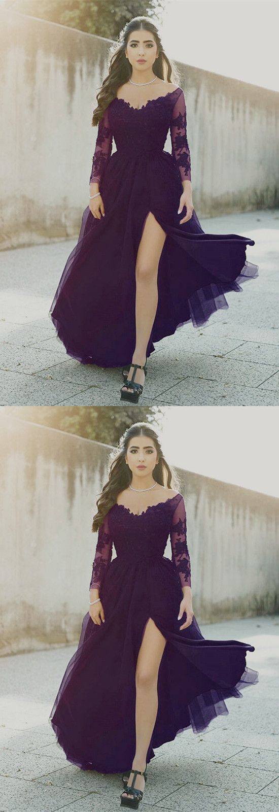 purple tulle prom dress with sleeves    cg21960