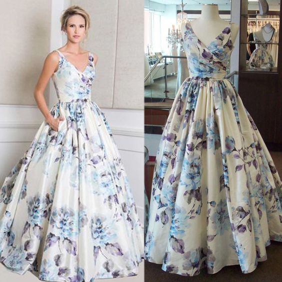 Printed Prom Dress, V Neck Prom Dress, Elegant Prom Dress, Pattern Prom Dress, Floor Length Prom Dress   cg21967