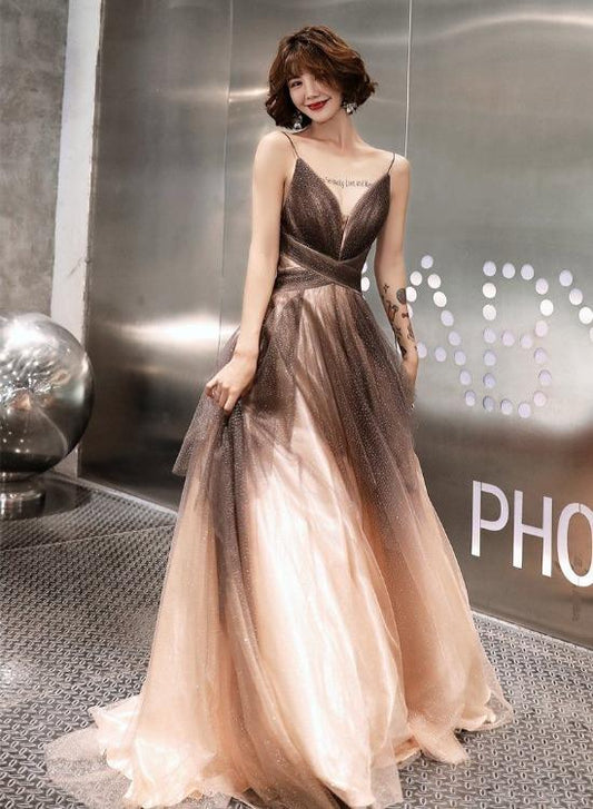 Unique Tulle V-Neckline Straps A-Line Gradient Party Dress, Tulle Long Evening Dress Prom Dress   cg21975