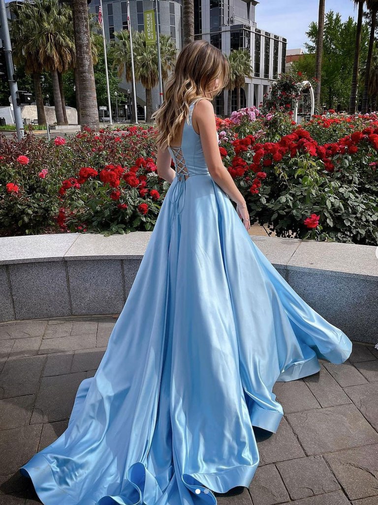 BLUE SATIN LONG PROM DRESS BLUE SATIN EVENING DRESS    cg21977