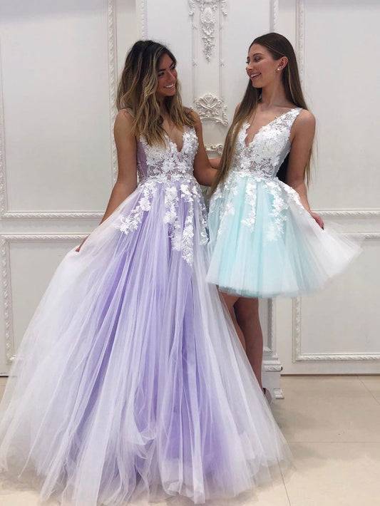 PURPLE V NECK TULLE LACE LONG PROM DRESS TULLE LACE FORMAL DRESS    cg21979