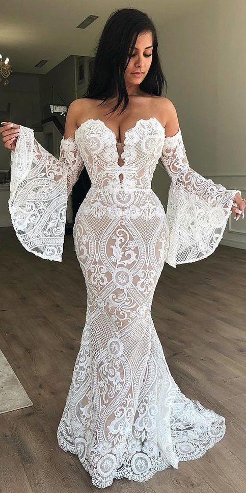 Sexy Mermaid White Lace Long Wedding Dress with Bell Sleeve Prom Dress    cg21993
