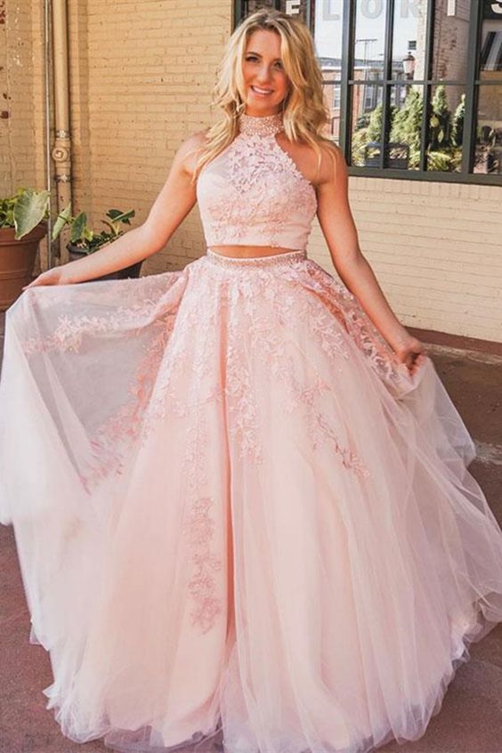 Two Piece High Neck Open Back Long Prom Dress With Appliques    cg21997