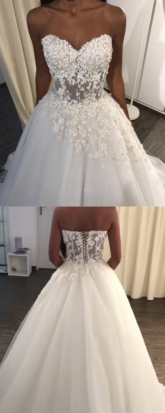 See Through Corset Wedding Dresses Tulle Sweetheart Ball Gown Appliques prom dress for women   cg22015