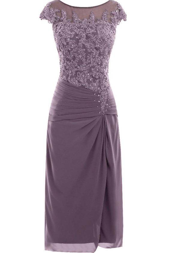 knee length mauve tight chiffon mother of the bride/prom dress with cap sleeves   cg22022