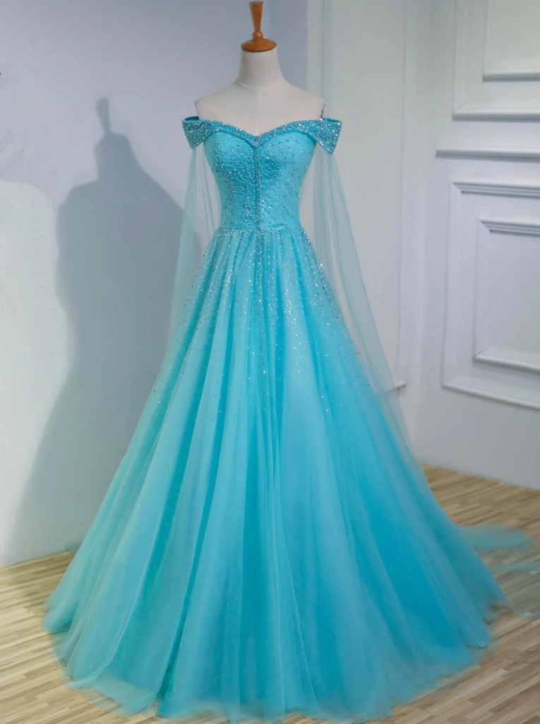 Blue Beaded Sweetheart Tulle Long Evening Dress Sweet 16 Dress, Blue Prom Dress    cg22028