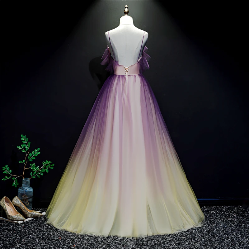 Purple And Yellow Gradient V-Neckline Straps Tulle Evening Gown, Long Prom Dress Party Dress    cg22030