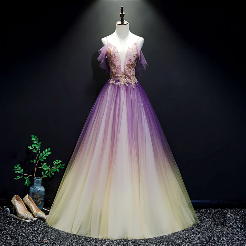 Purple And Yellow Gradient V-Neckline Straps Tulle Evening Gown, Long Prom Dress Party Dress    cg22030