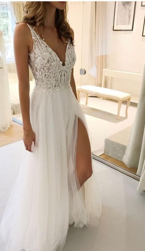 Deep V neck Tulle White Prom Dress, A Line Prom Dresses    cg22050