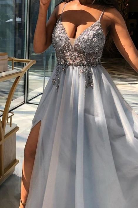 side slit sexy dusty blue formal prom dress    cg22056