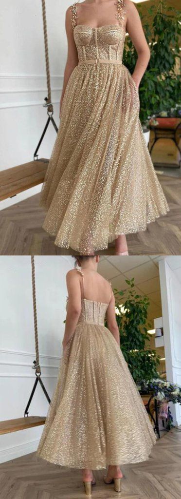 Gold Glitter Teal Length Prom Dresses Straps A Line Short Evening Dress Party dresses Custom Made     cg22070