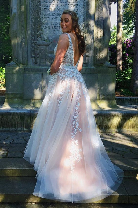 A-line ivory lace appliques long prom dress with v back    cg22074