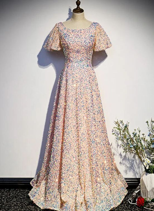 Pink Sequins Short Sleeves Long Bridesmaid Dress, Seqins Floor Length Prom Dress    cg22079