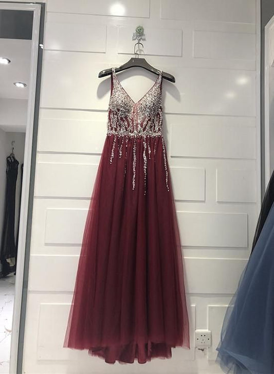 Charming Sparkle Sequins And Beaded Burgundy Party Dress, V-neckline Prom Dress    cg22088