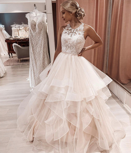 Jewel Neck Lace Tulle Modern Wedding Dresses Ball Gown with Sash Bodice Prom Dress    cg22092